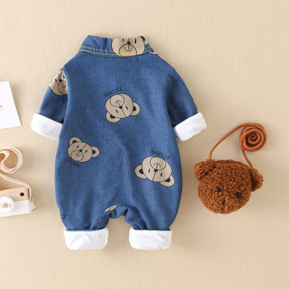 Baby Boy/Girl Allover Bear Print Polo Collar Long Sleeve Denim Fashion Romper