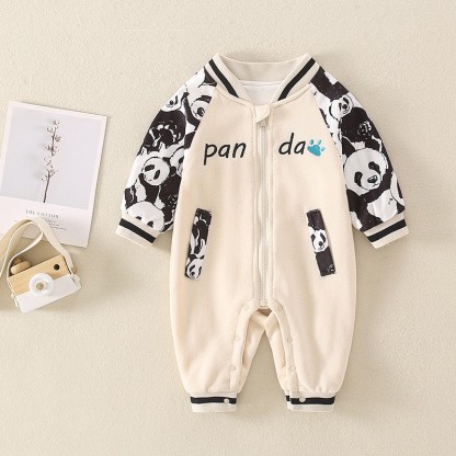 Baby Boy/Girl 3D Suspender Panda Pattern Long Sleeve Zipped Baseball  Romper