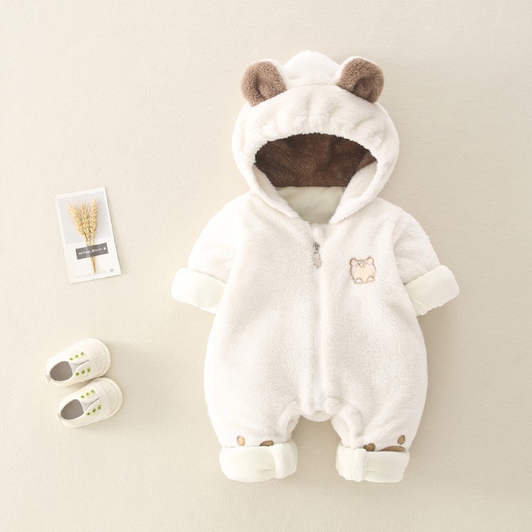 Baby Boy/Girl Winter Thicken Porket Embroidery Long Sleeve Hooded Fluff Romper-kissminis