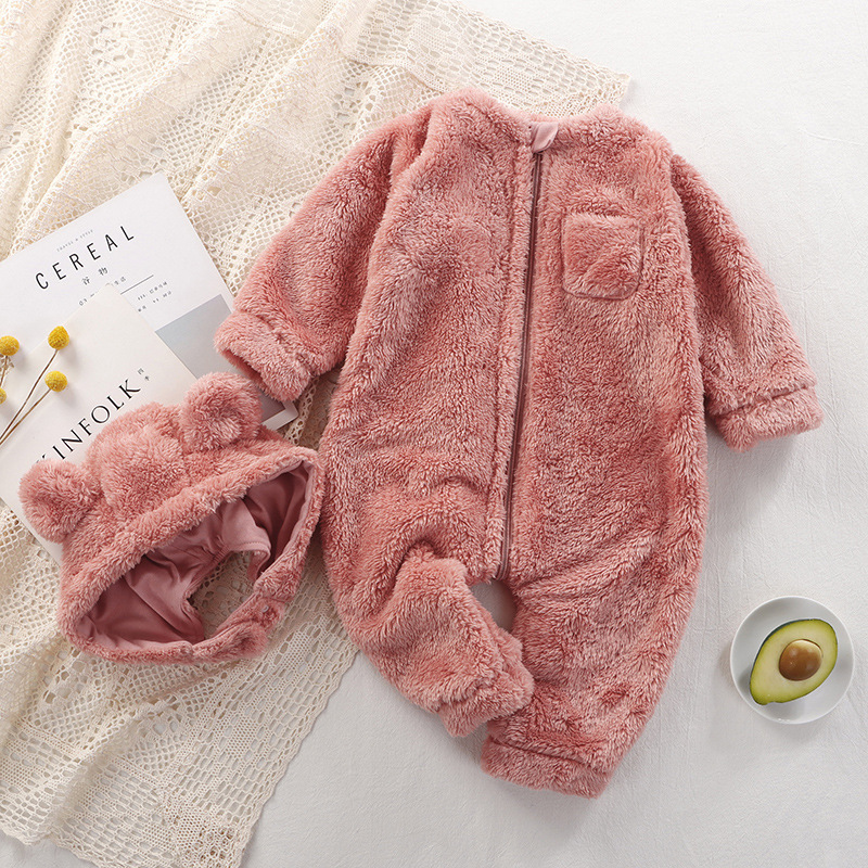 Baby Boy/Girl Solid Color Fluff Long Sleeve Romper and Cute Bear Ears Design Hat Set-kissminis