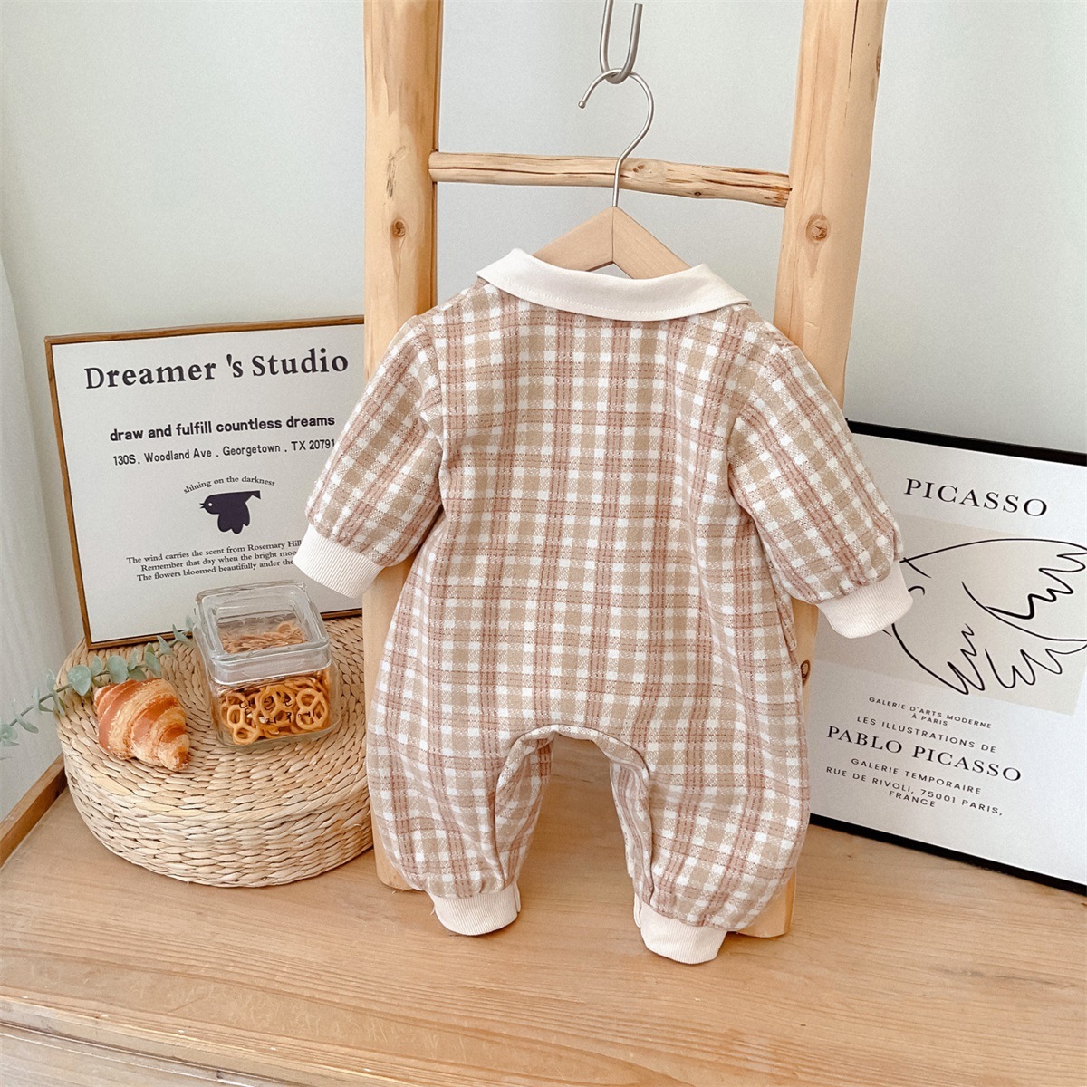 Bear-shaped Collar Decorations Gingham Romper