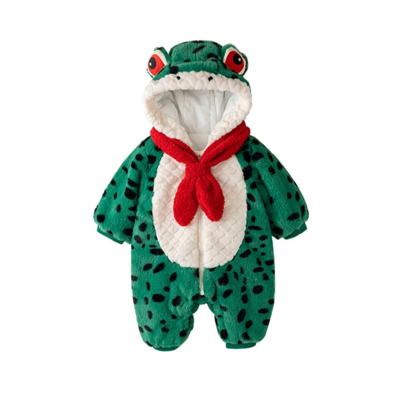 Winter Baby Boy/Girl Cute Little Frogs Design Fluff Long Sleeve Hooded Romper with Red Tie-kissminis
