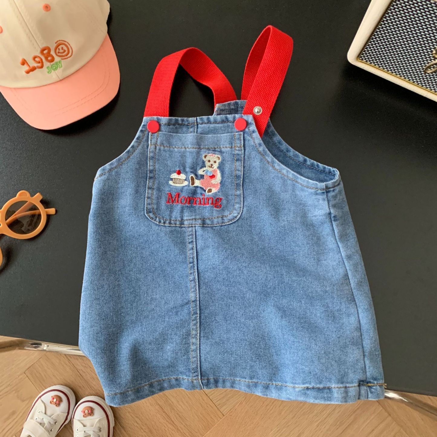 Baby Toddler Girl Block Color Suspender Pocket Embroideried Bear Denim Drress & Casual Large Rabbit Print T-shirt Set