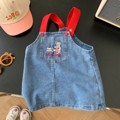 Baby Toddler Girl Block Color Suspender Pocket Embroideried Bear Denim Drress & Casual Large Rabbit Print T-shirt Set