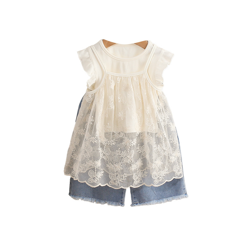 3pcs White Lace - detailed Sleeveless Top and Blue Denim Shorts Set