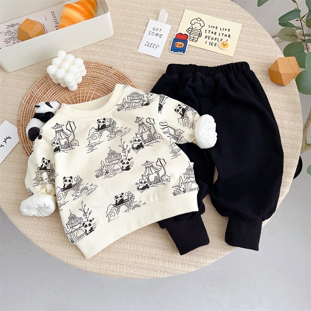 Baby Boy/Girl Panda Doll and Print Long Sleeve Sweatshirt with Pants Set-kissminis