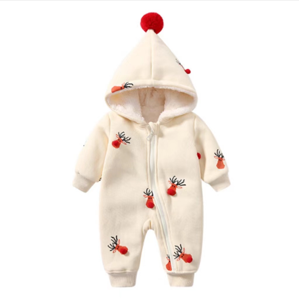 Baby Boy/Girl Christmas Style Allover Elk Pattern Long Sleeve Hooded Romper-kissminis