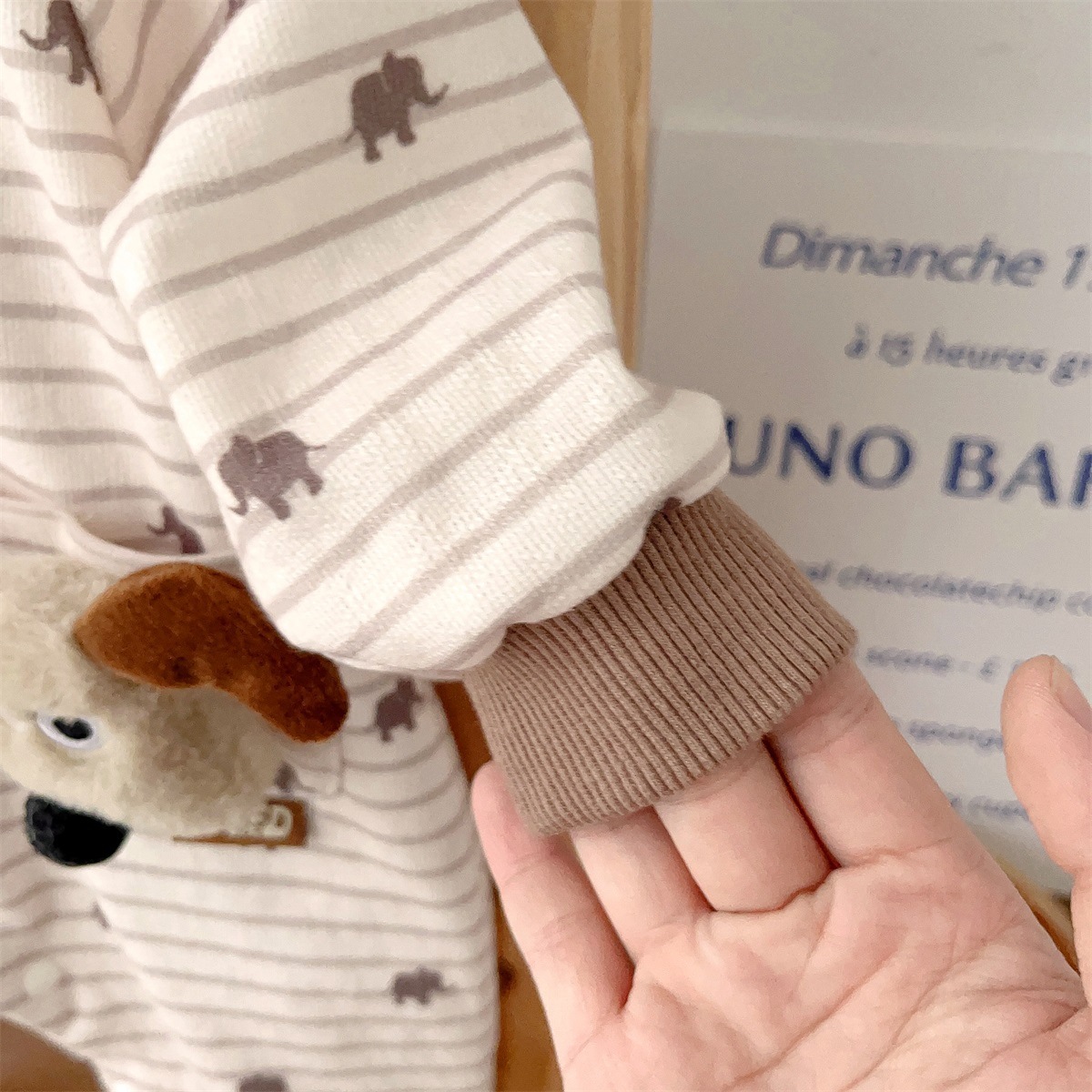 Elephant Print and 3D Dog Decoration on Pocket Striped Romper