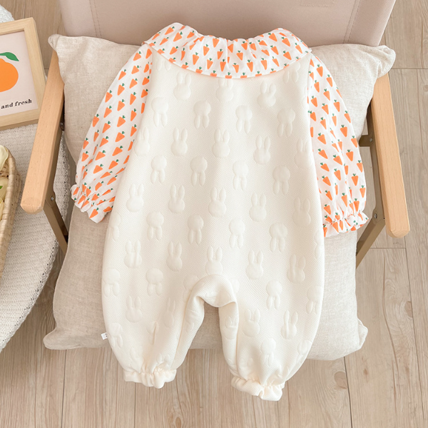 Baby Girl Cute Carrot and Allover Rabbit Pattern Fake Two Pieces Long Sleeve Romper-kissminis
