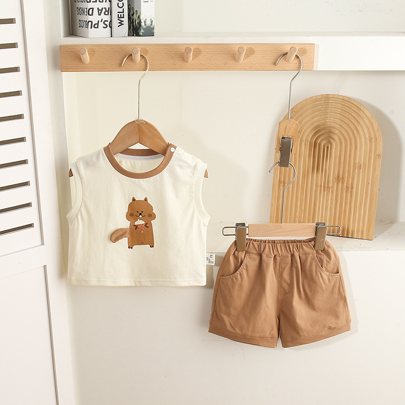 Sleeveless White Top with Squirrel Print and Brown Shorts Set