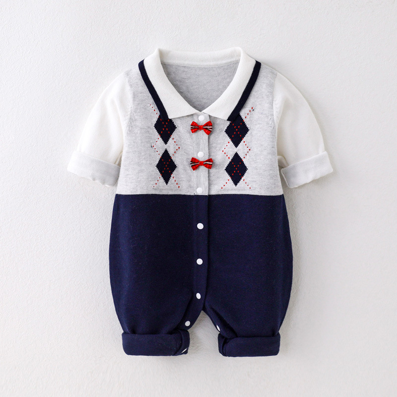 Baby Boy & Girl Cute Lattice Long Sleeve Knit Romper-kissminis