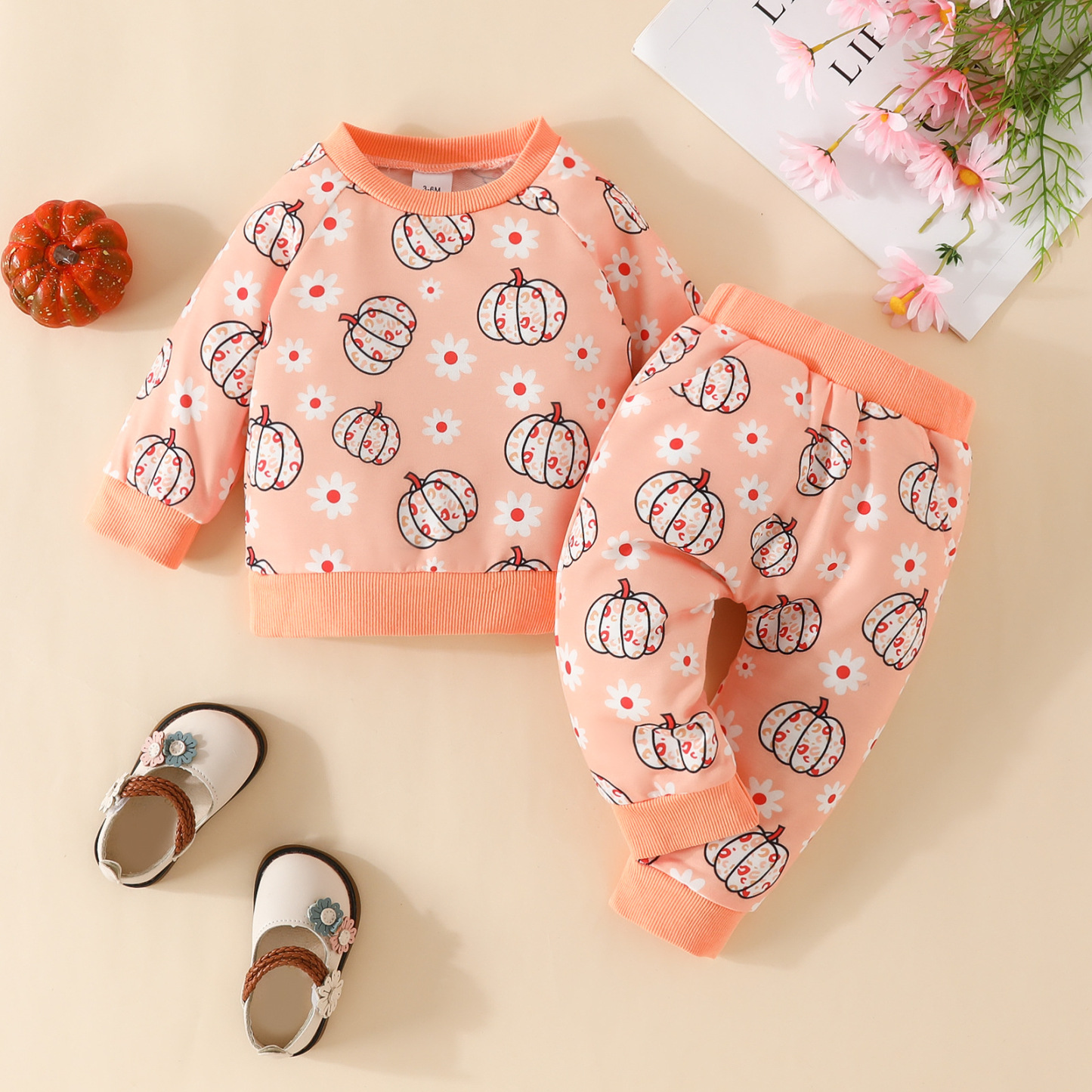 2pcs Baby Boy/Girl Halloween Allover Pumpkin Print Long Sleeve Tops and Stripe Pants Set-kissminis