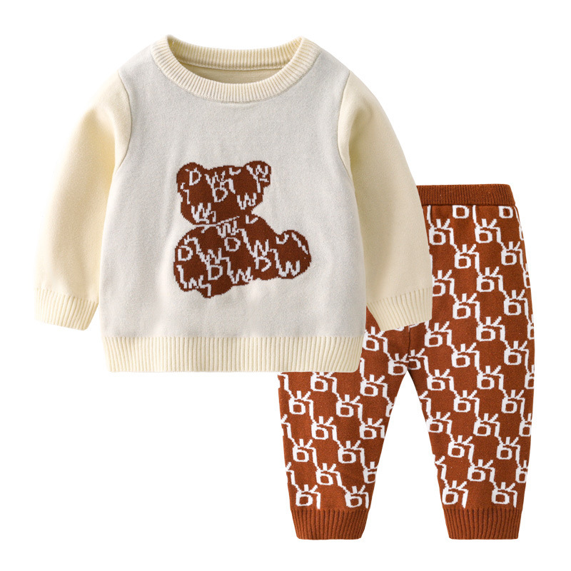 2pcs Baby Boys & Girls Bear Graphic Knit Tops and Pants Set-kissminis