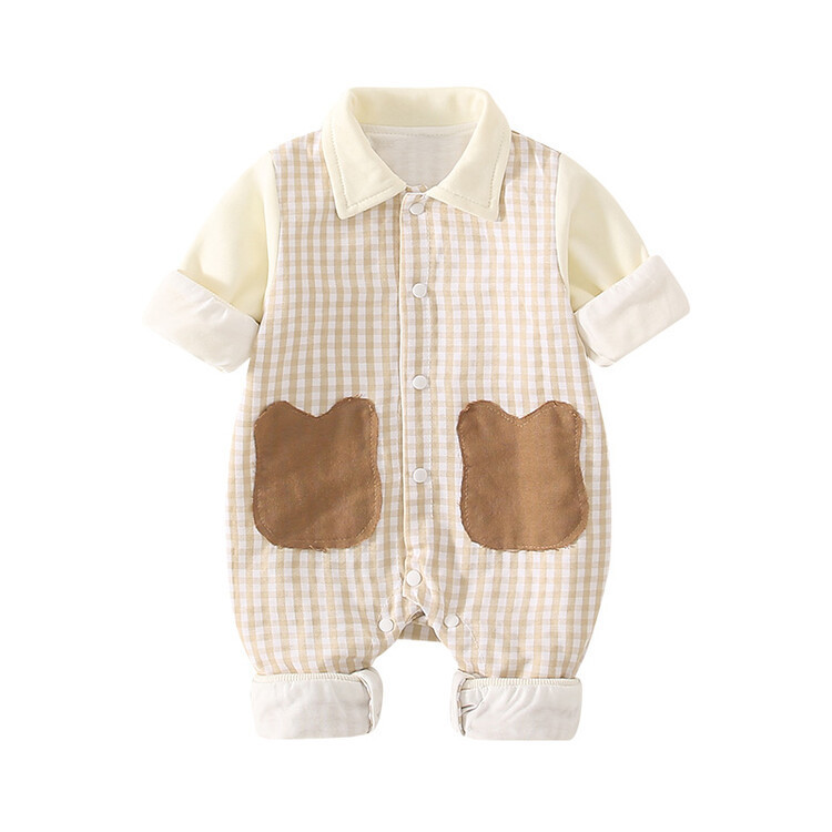 Baby Mock Two-pieces Plaid Collar Single Breasted Long Sleeve Romper-kissminis