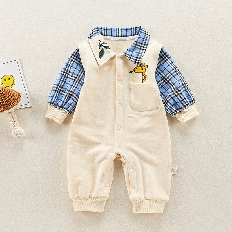 Baby Boy/Girl Giraffe Embroidery Plaid Long Sleeve Romper-kissminis