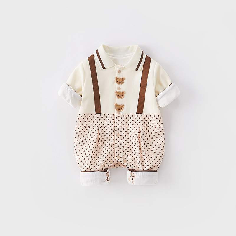 Mock Two-pieces Baby Boy Bear and Dot Graphic Long Sleeve Romper-kissminis