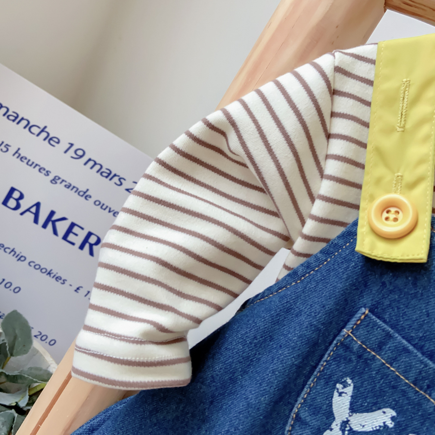 Baby Boy Bear Patch Denim Sling Overalls and Striped T-Shirt Set-kissminis