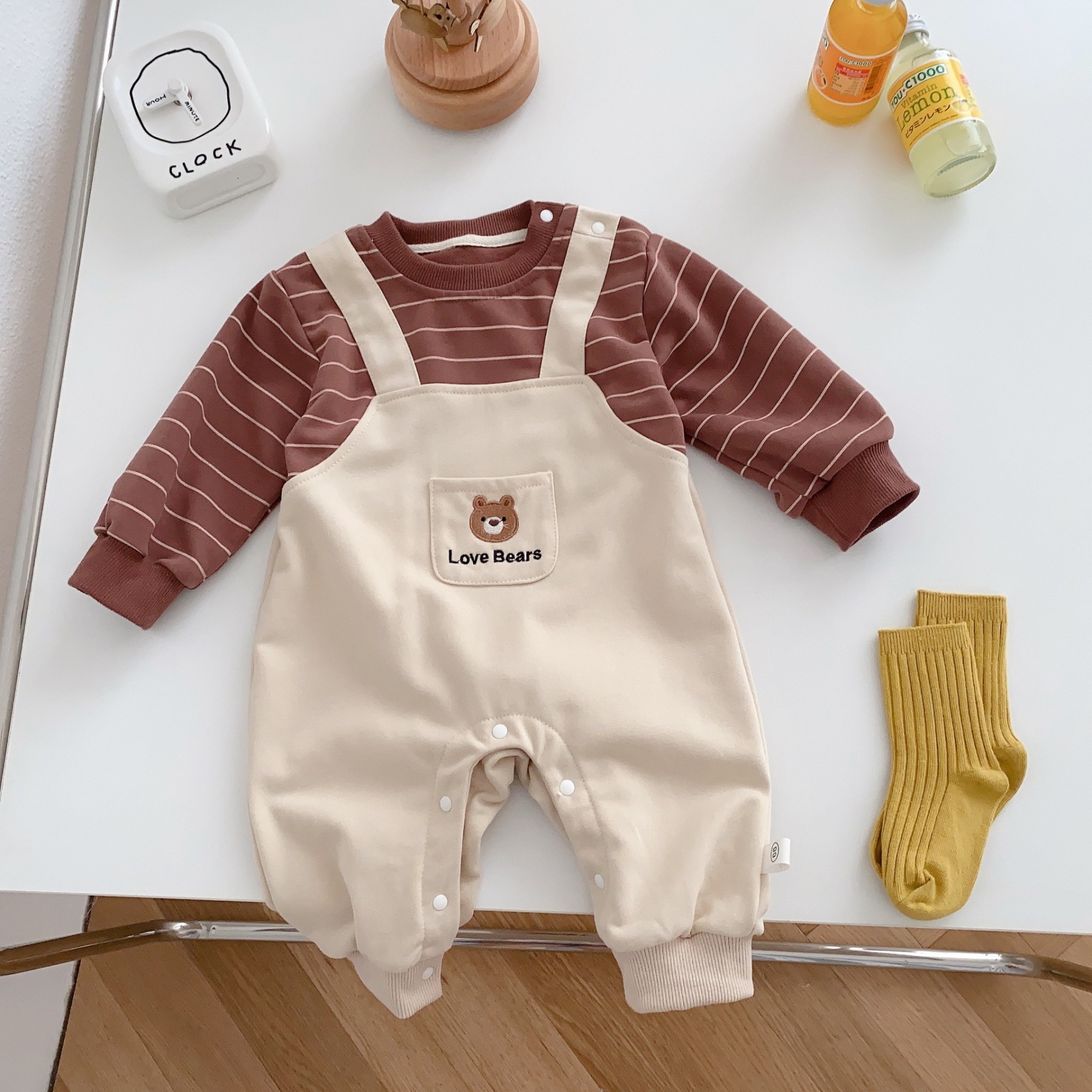 Baby Boy/Girl Cute Bear Pocket Design Fake Two Pieces Striped Long Sleeve Romper-kissminis
