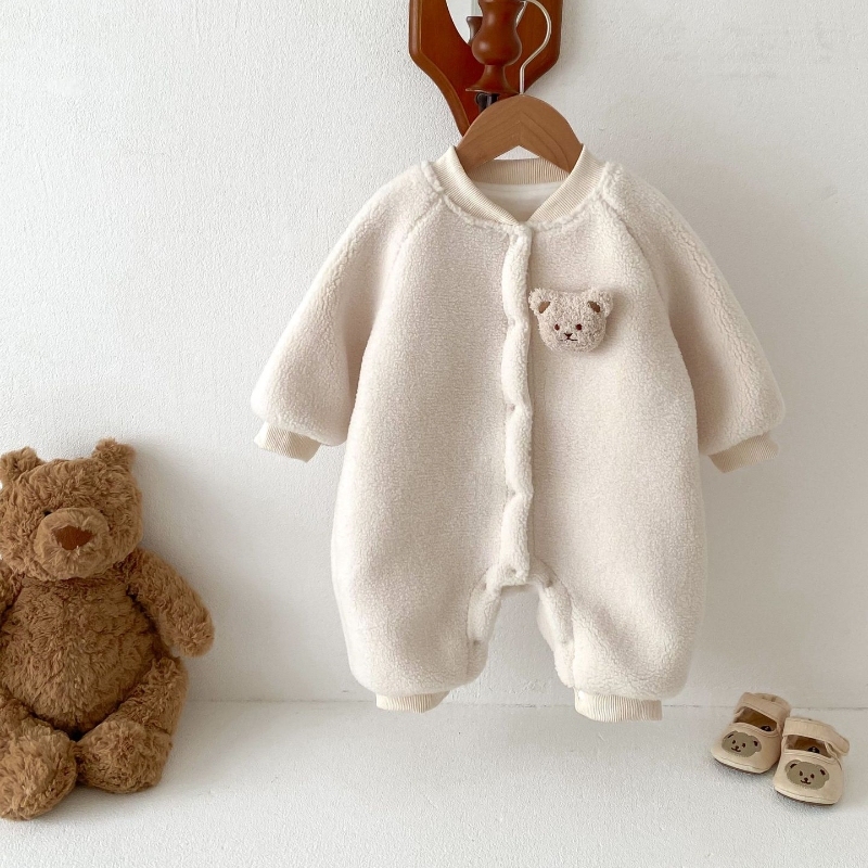 Winter FleeceBaby Boy/Girl Bear Design Solid Color Long Sleeve Romper-kissminis