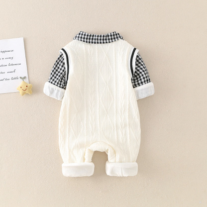 Baby Boy Bear Print Plaid Bow Tie Collar Romper