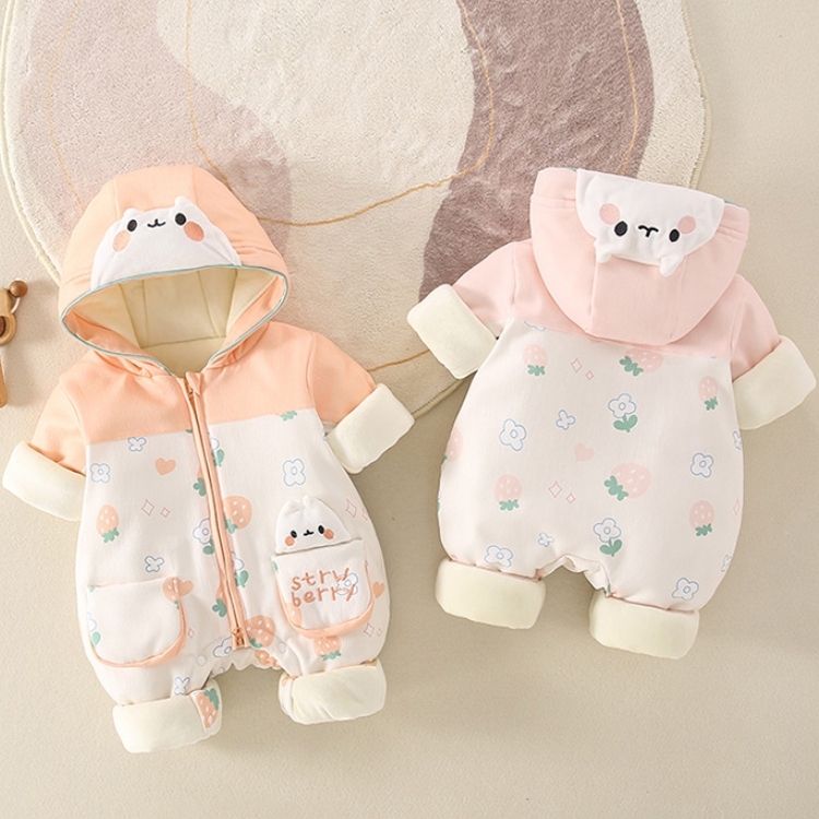 Baby Girl Winter Rabbit Patch Long Sleeve Fluff Hooded Romper-kissminis
