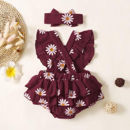 2pcs Newborn Baby Girl Allover Daisy Print Flutter Sleeve Sweet Bodysuit with Hairband Set