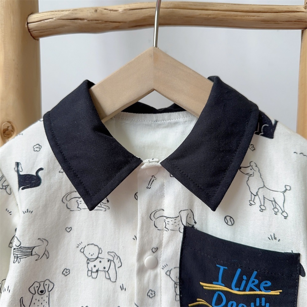 Black Collar and Dog Print Pocket Detail Romper