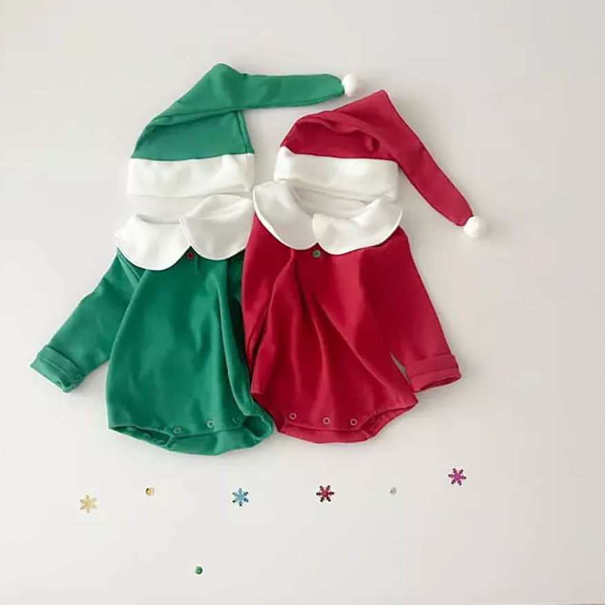 2pcs Baby Boy/Girl Christmas Style Solid Color Long Sleeve Bodysuit with Hat Set-kissminis