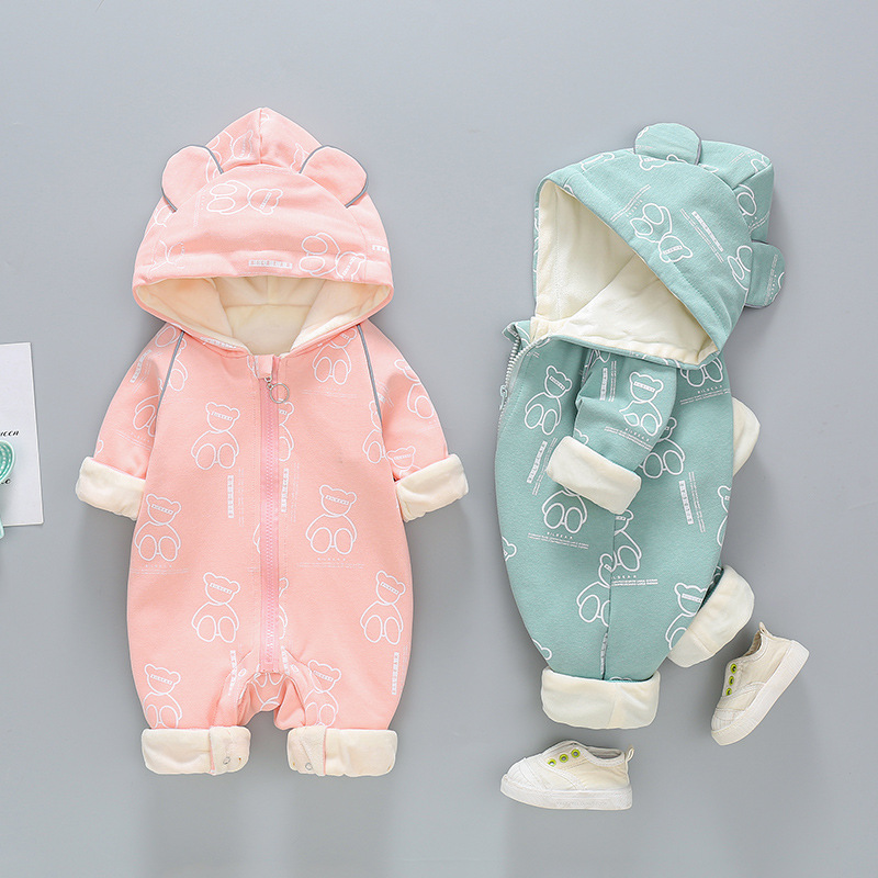 Baby Boy/Girl Allover Bear Pattern Cotton Hooded Romper-kissminis