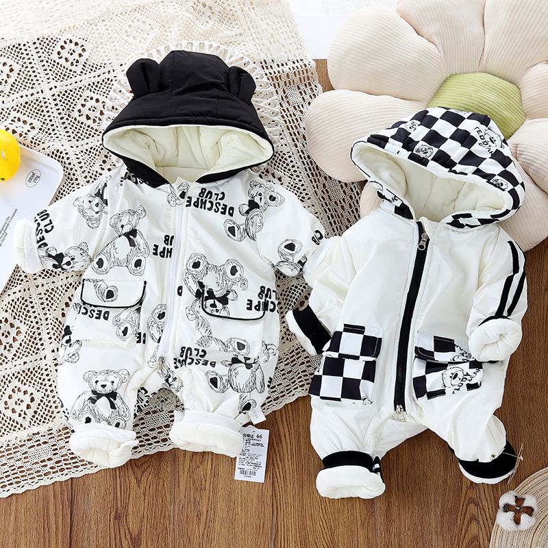 Baby Boy/Girl Thicken Cute Teddy Bear Pattern Long Sleeve Hooded Romper-kissminis