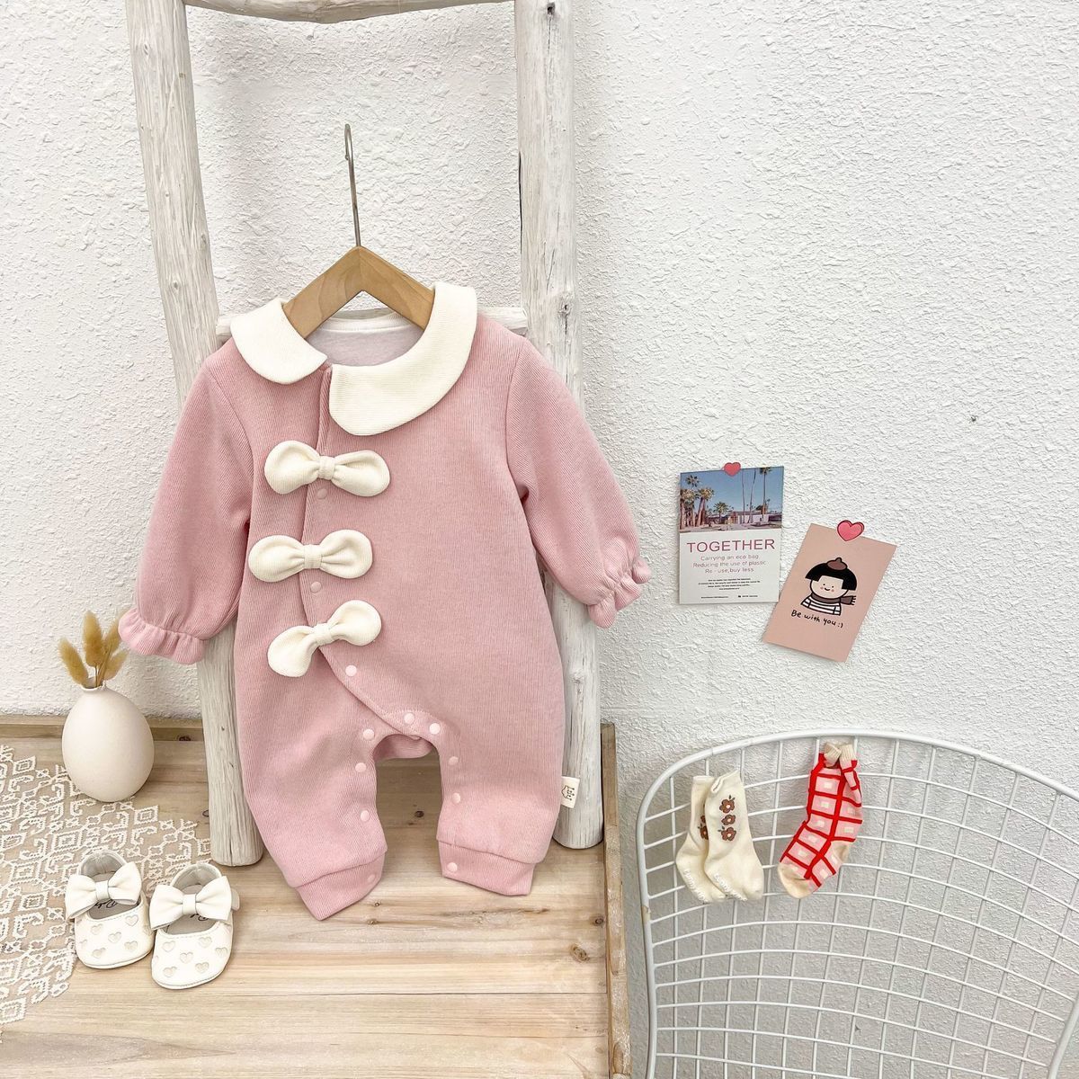 Baby Girl Bow Tie with Lapel Collar Long Sleeve Romper with Hat-kissminis
