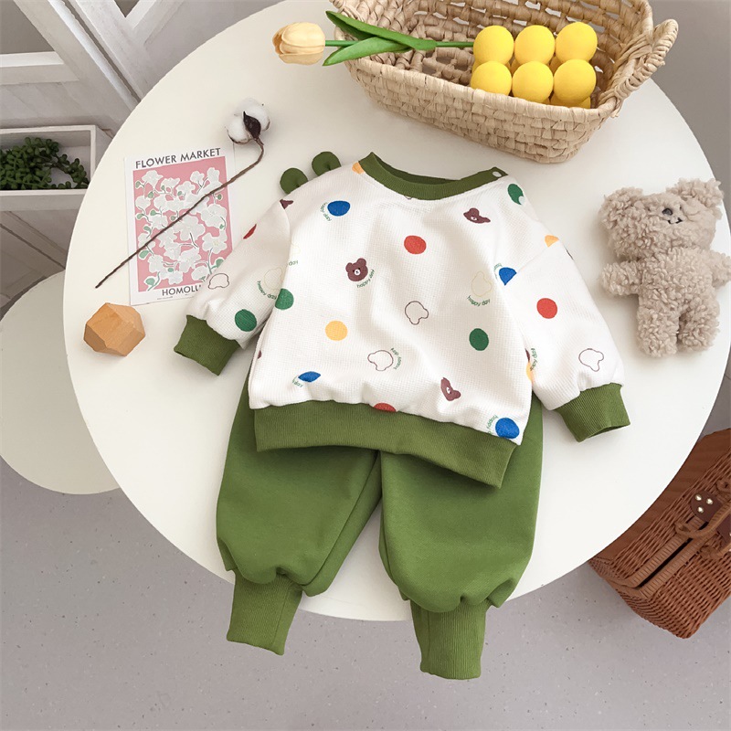 Baby Boy/Girl Bear and Dot Print Long Sleeve Sweatshirt with Pants Set-kissminis