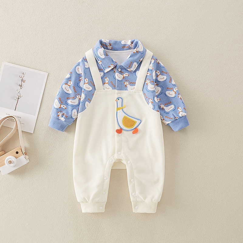 Baby Boy Fake Two Pieces Cute Duck Pattern Long Sleeve Romper-kissminis