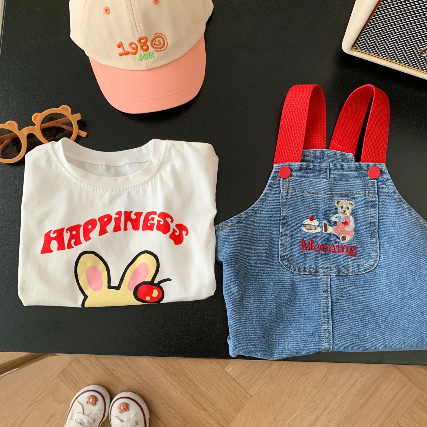 Baby Toddler Girl Block Color Suspender Pocket Embroideried Bear Denim Drress & Casual Large Rabbit Print T-shirt Set-kissminis