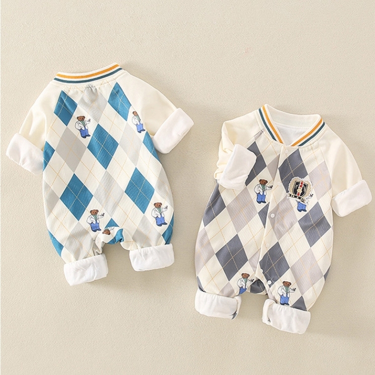 Baby Boy Bear Embroidery Rhomb Long Sleeve Romper-kissminis