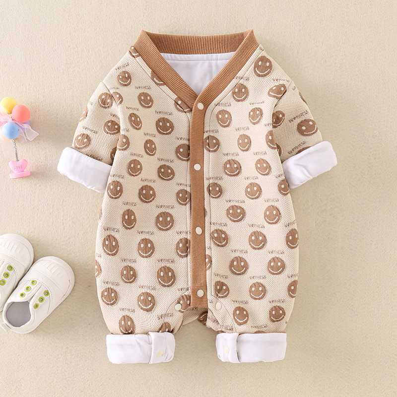 Baby Boy Allover Smiling Face Print Long Sleeve Romper-kissminis