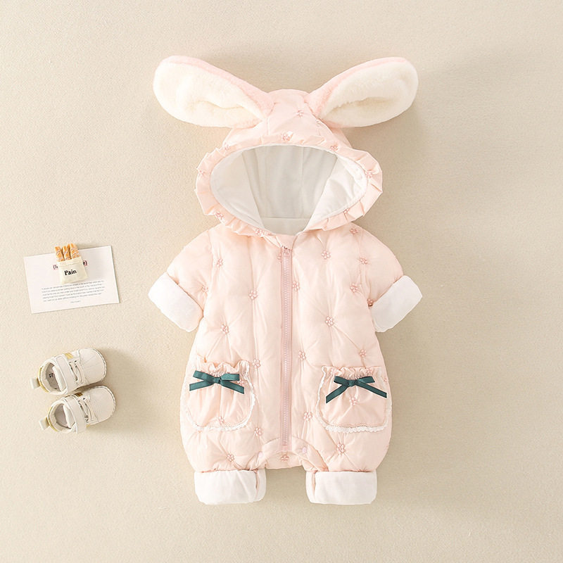 Baby Girl Winter Cute Rabbit Ears Design Long Sleeve Hooded Romper-kissminis