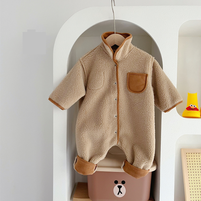 Baby Boy/Girl Winter Thicken Fluff Ins Style Solid Color Long Sleeves Romper-kissminis