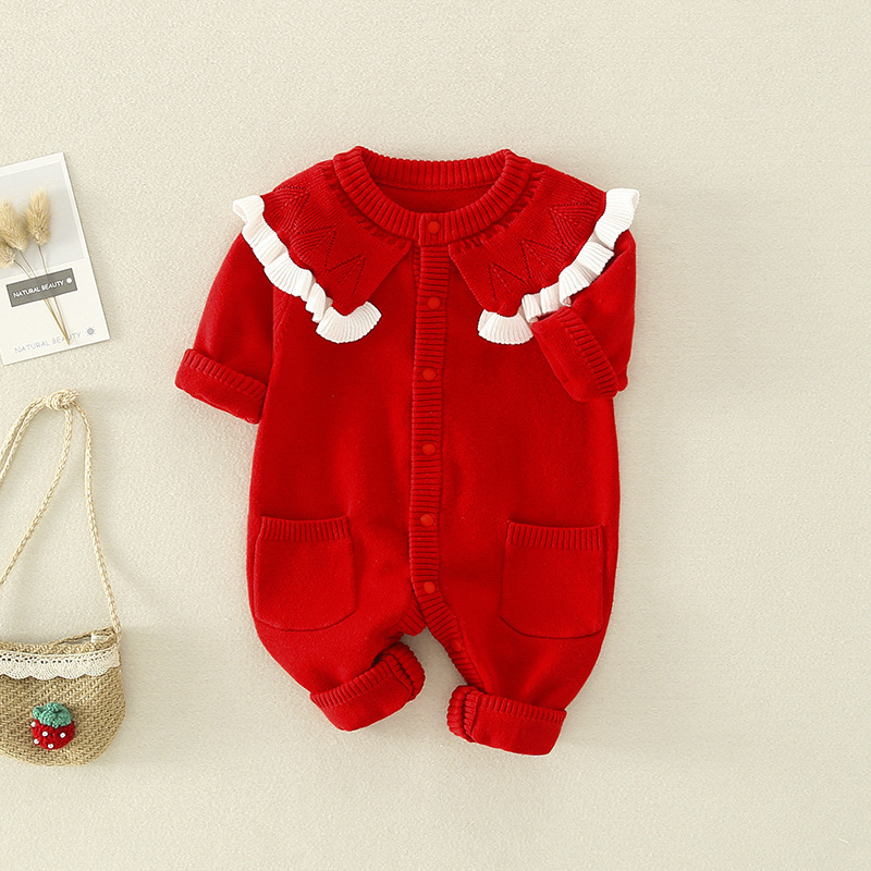 Baby Boy/Girl Crew Neck Solid Color Knit Long Sleeve Romper-kissminis