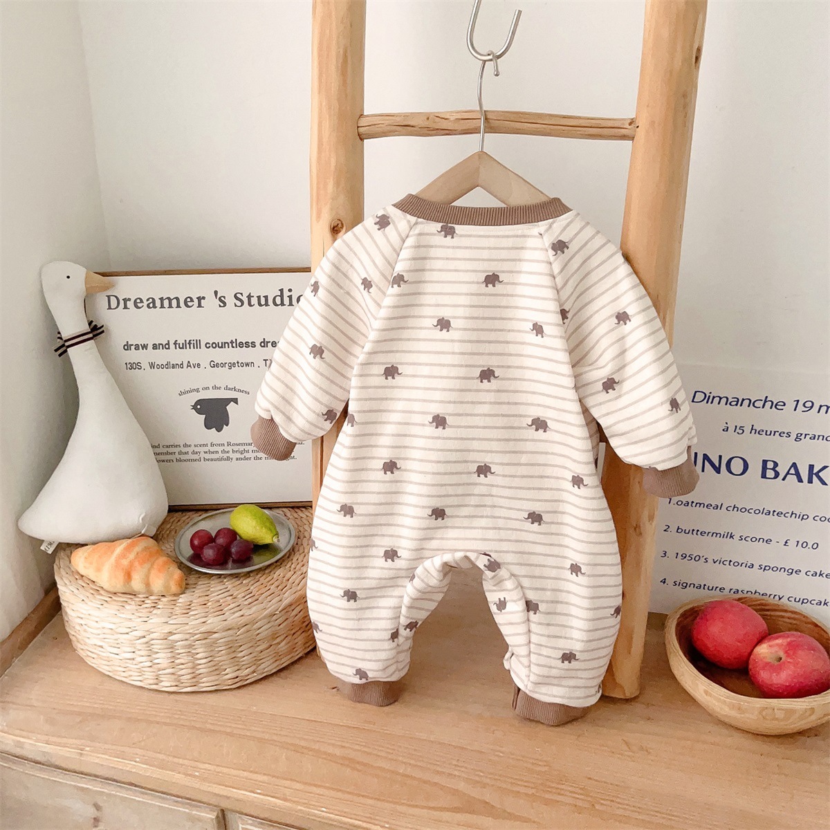 Elephant Print and 3D Dog Decoration on Pocket Striped Romper