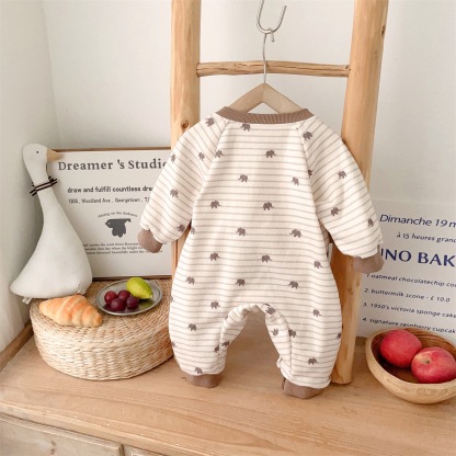 Elephant Print and 3D Dog Decoration on Pocket Striped Romper