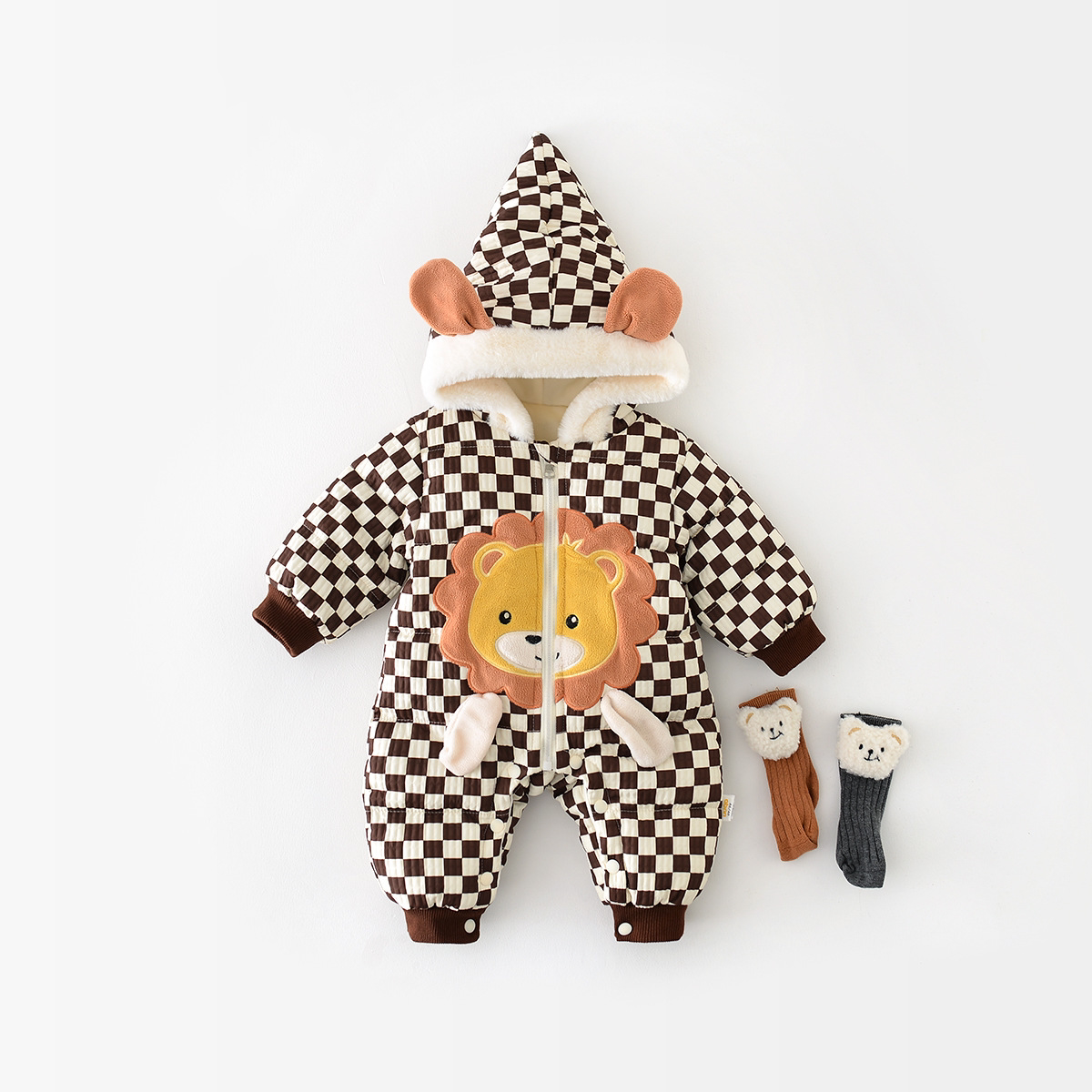 Baby Boy Winter Thicken Plaid Lion Graphic Long Sleeve Romper-kissminis