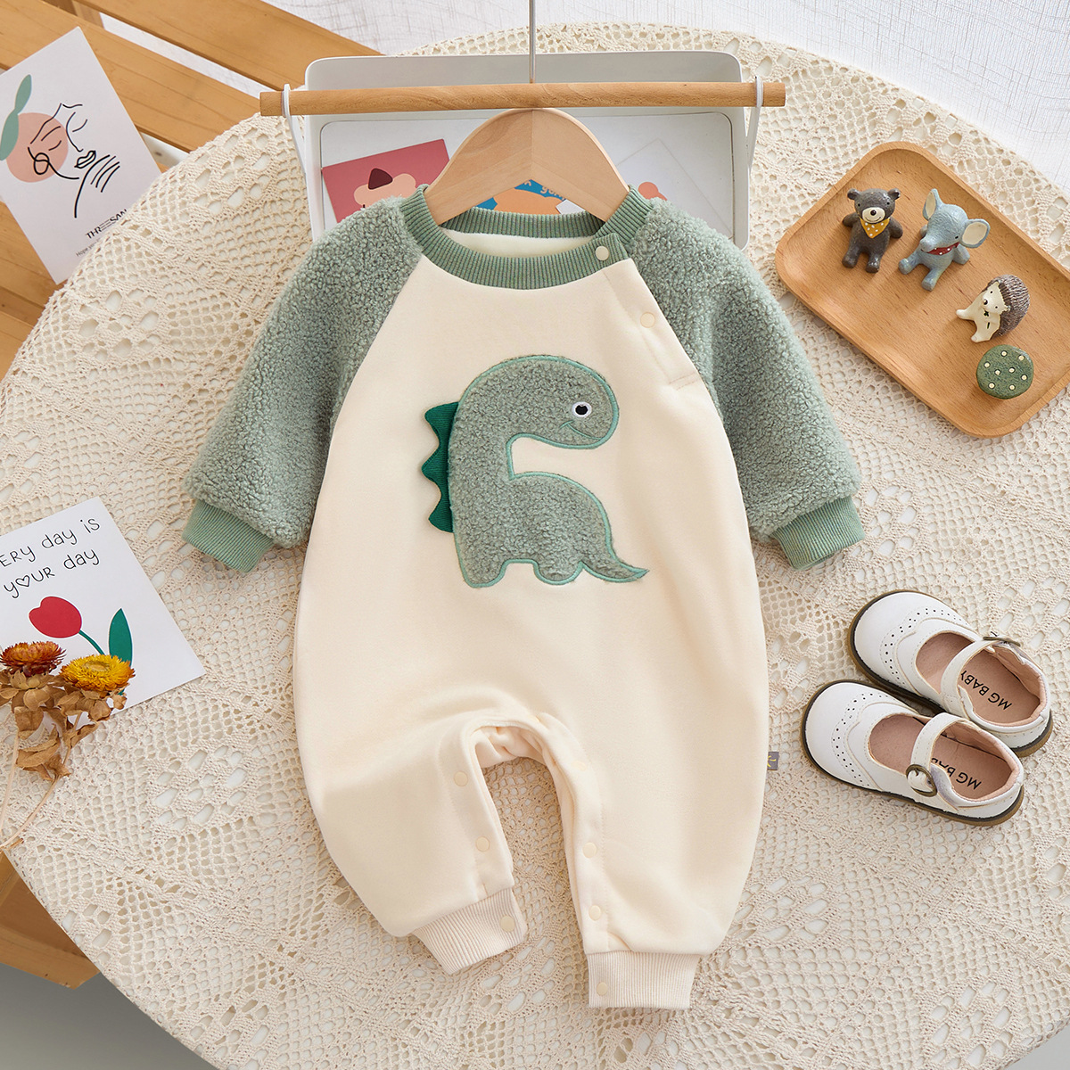 Winter Fleece Baby Boy/Girl Dinosaur Print Long Sleeve Romper-kissminis