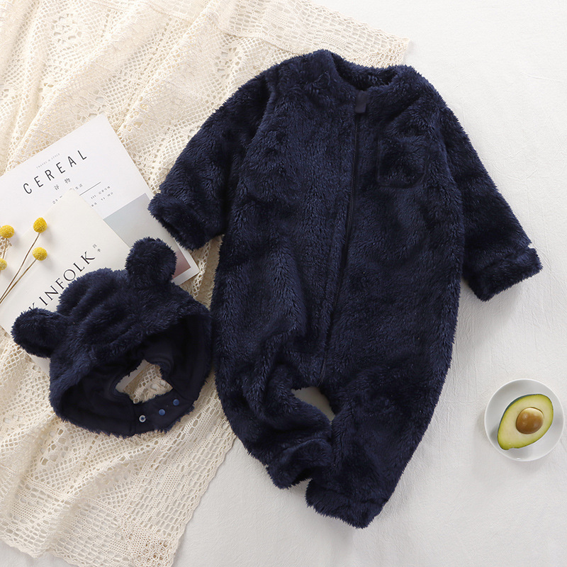 Baby Boy/Girl Solid Color Fluff Long Sleeve Romper and Cute Bear Ears Design Hat Set-kissminis