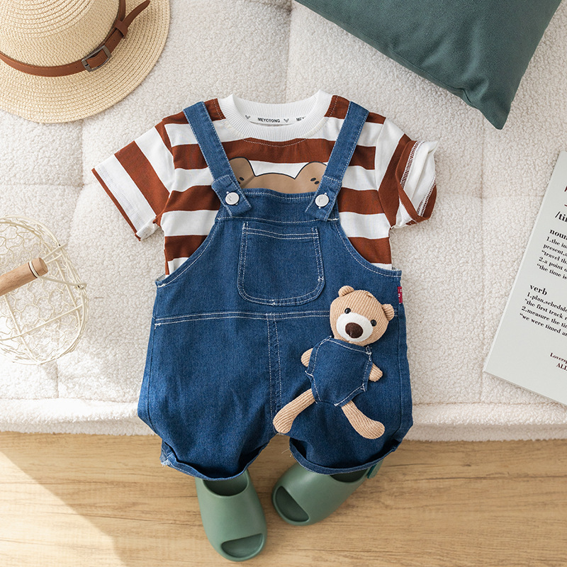 2pcs Baby Striped Bear T-shirt with Denim Pants Set -kissminis