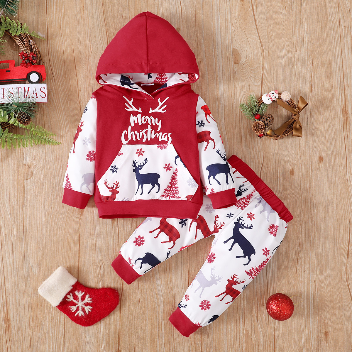 2pcs Baby Boy/Girl Christmas Elk Pine Snowman Print Long Sleeve Hooded Tops and Pants Set-kissminis