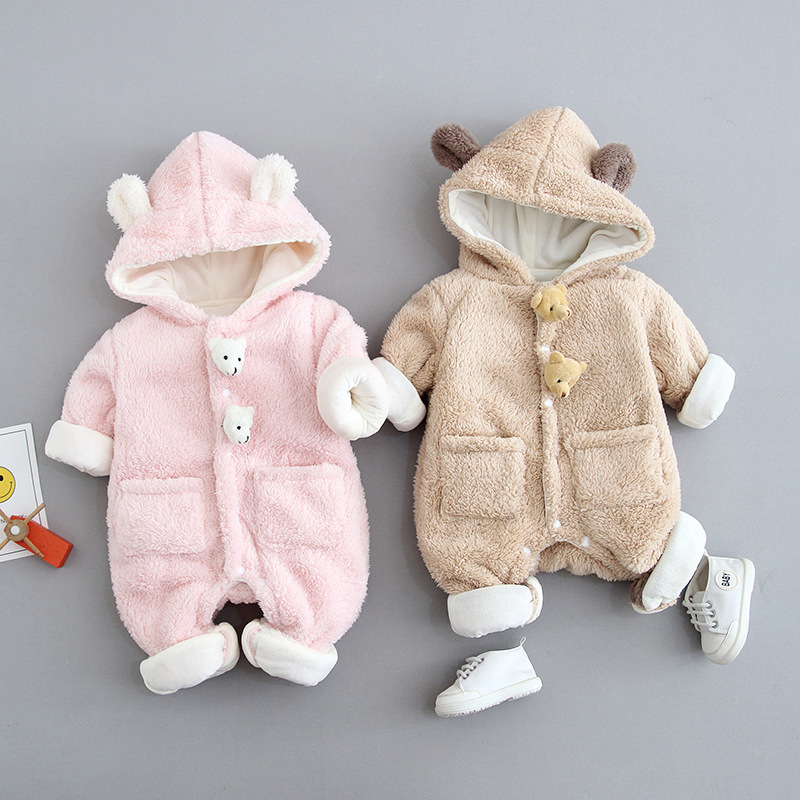 2pcs Baby Boy/Girl Winter Thicken Fluff Solid Color Cute Bear Design Romper -kissminis