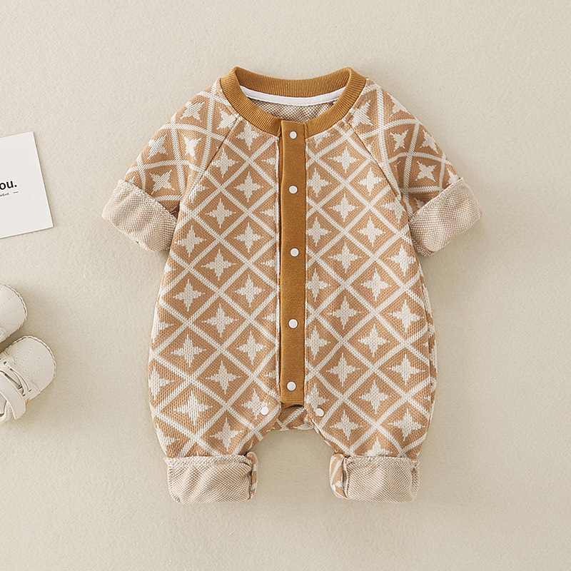 Baby Boy/Girl Diamond-checked Knit Long Sleeve Romper-kissminis