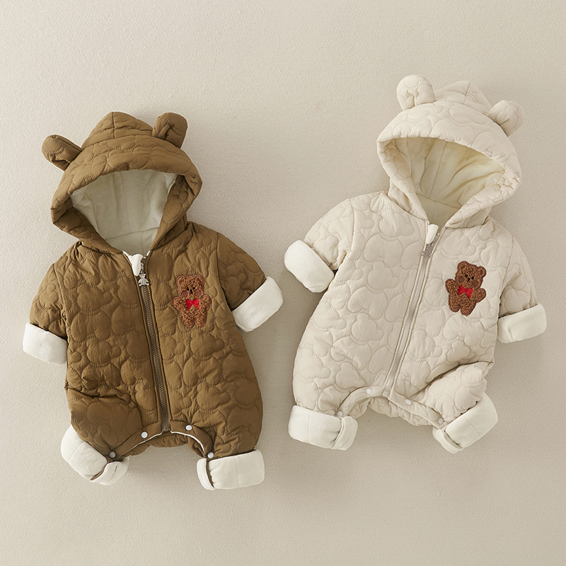 Baby Boy/Girl Cute Bear Pattern and Bear Ears Design Long Sleeve Hooded Romper -kissminis