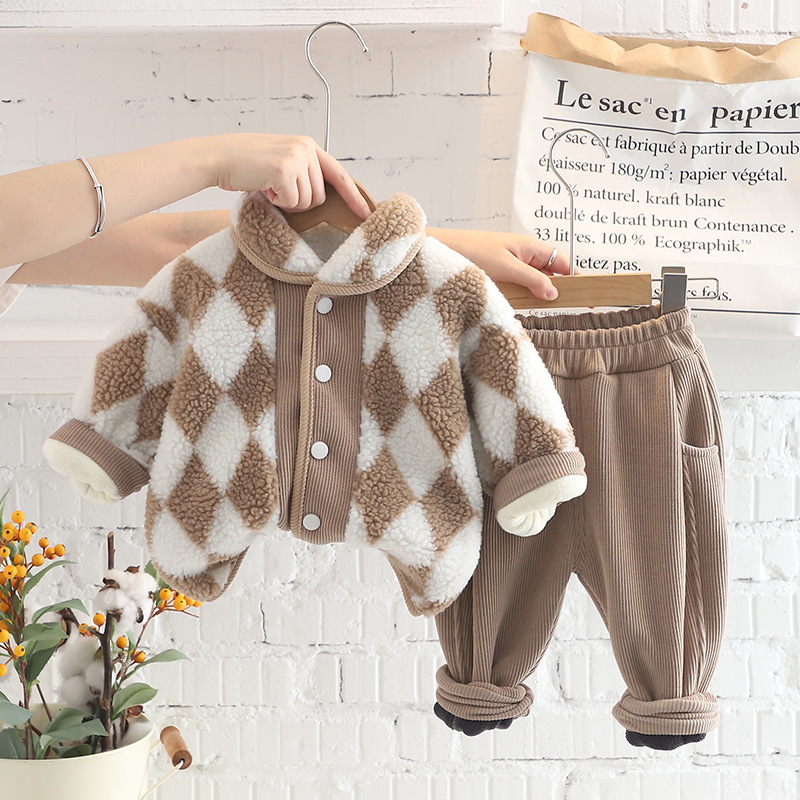 Winter Fleece 2pcs Toddler Diamond Pattern Sweatshirt and Pant Set-kissminis